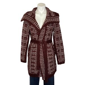 WHBM Cardigan Sweater Coat Braided Plaid Belted Chunky Knit Burgundy Ecru Small